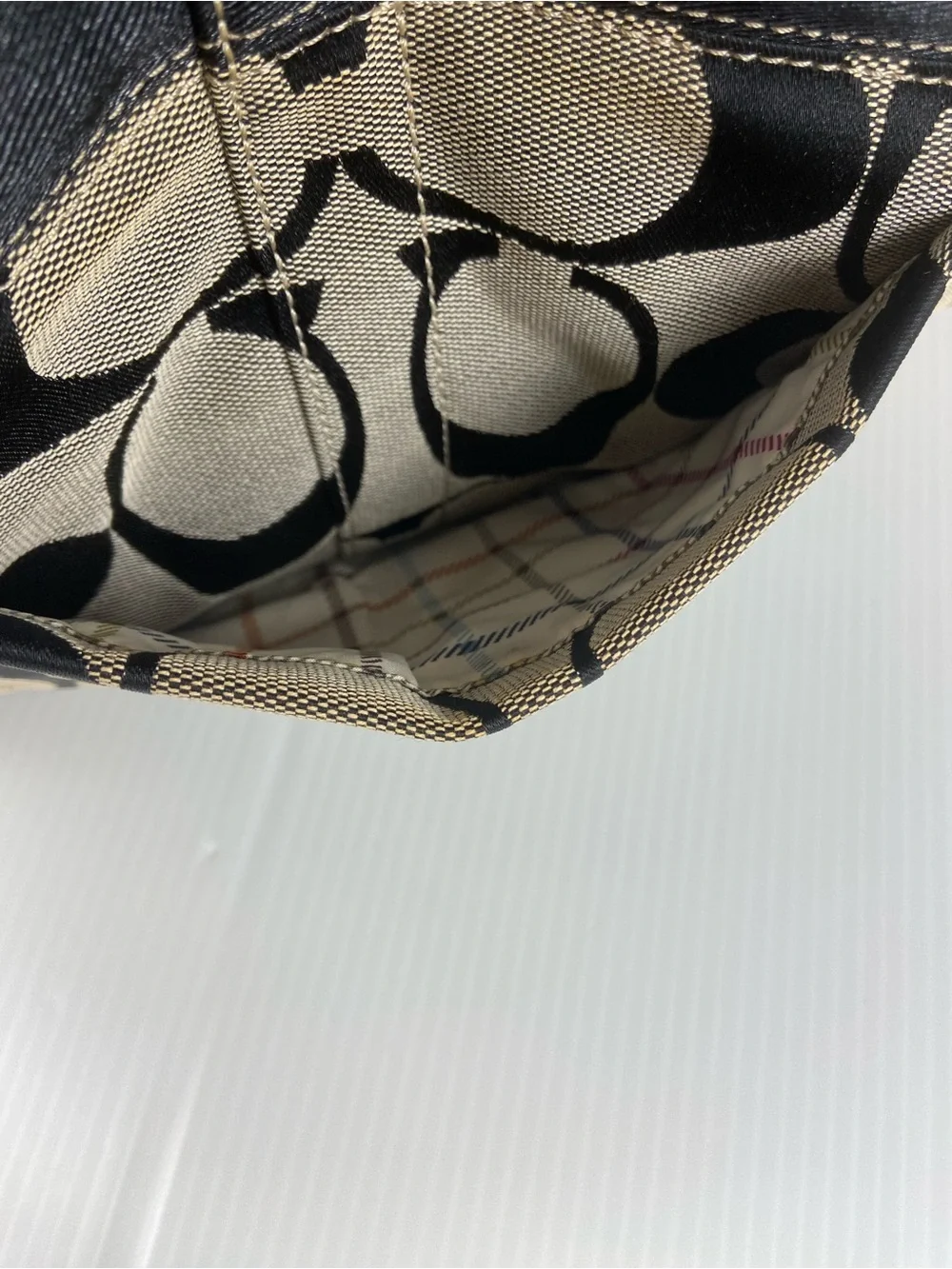 Coach 13705 Signature Gallery Tote Khaki Black Tattersall Plaid Shoulder Bag